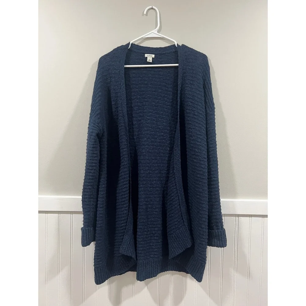 L.L. Bean‎ Cardigan Open Knit Cable Navy Blue Casual Comfy Women Size Large